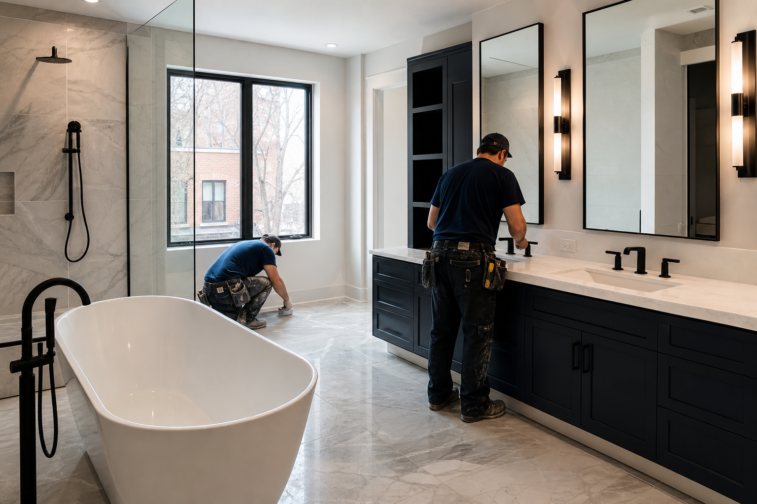 Organized renovation scene in a Chicago high-rise with premium finishes