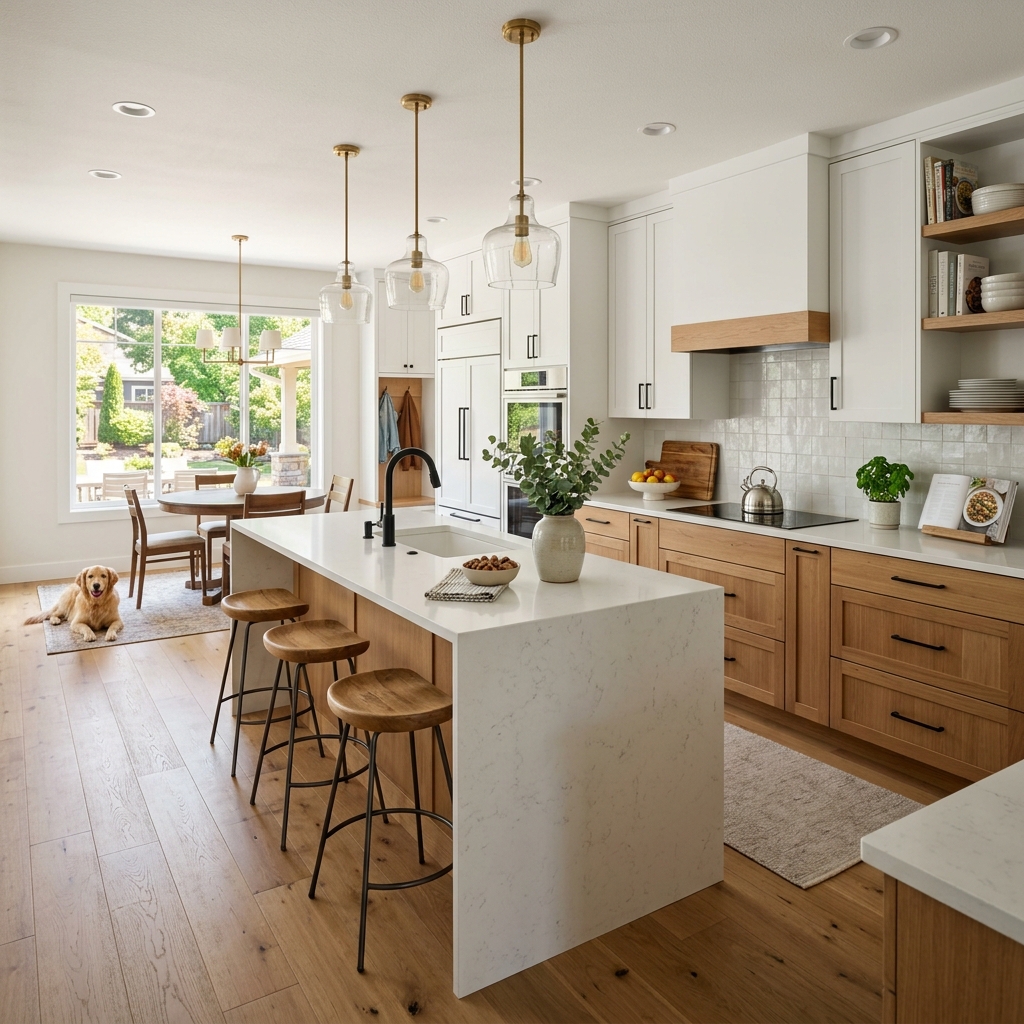 Completed custom kitchen remodeling project by Budget Construction Company
